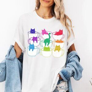 Cute Rainbow Cats Shirt, Cat And Coffee Tee, Gift For Cat Lover